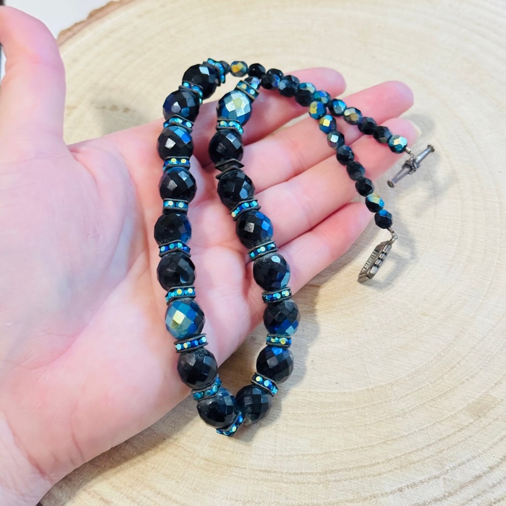 VTG Jeweled Necklace Black Blue Aurora Borealis Crystal‎ beads Faceted colorful
